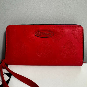 Ed Hardy Red Embossed Tiger Zip Around Multi Compartment Vegan Leather Wallet